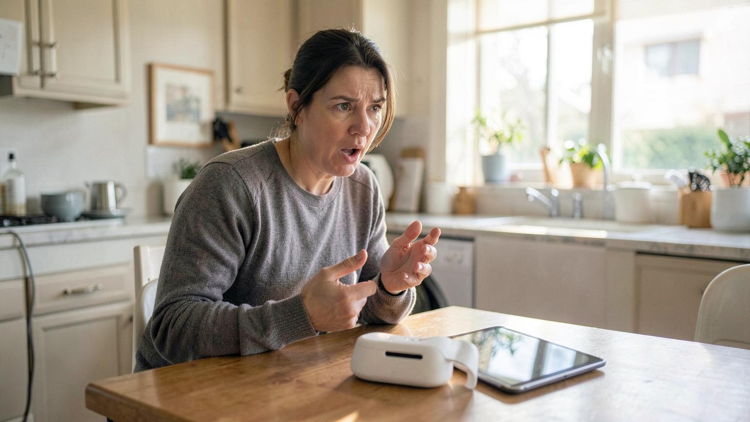 Woman at a kitchen table asking a question aloud to a smart speaker next to a tablet