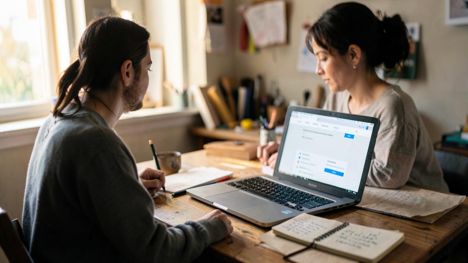 Two people at a workshop desk reviewing a website on a laptop with a notebook of ideas beside them