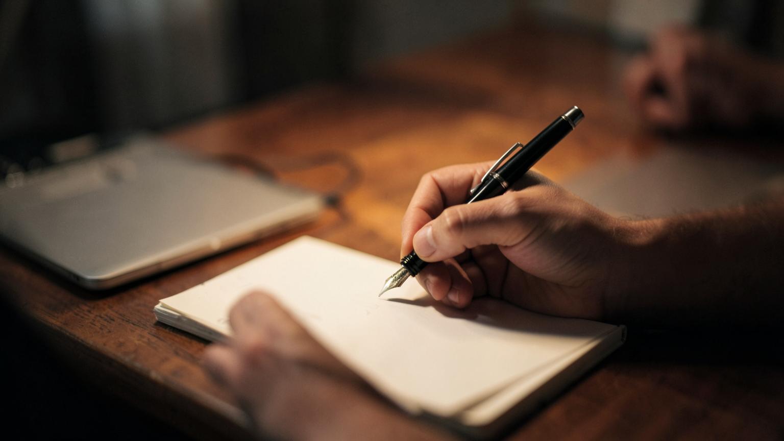 A writer's hand holding a fountain pen over a blank notebook page beside a closed laptop