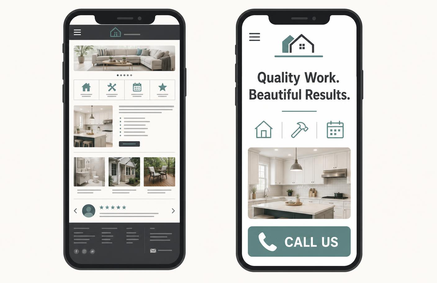 Two phones side by side showing a cramped cluttered small business homepage next to a clean version with a large call button