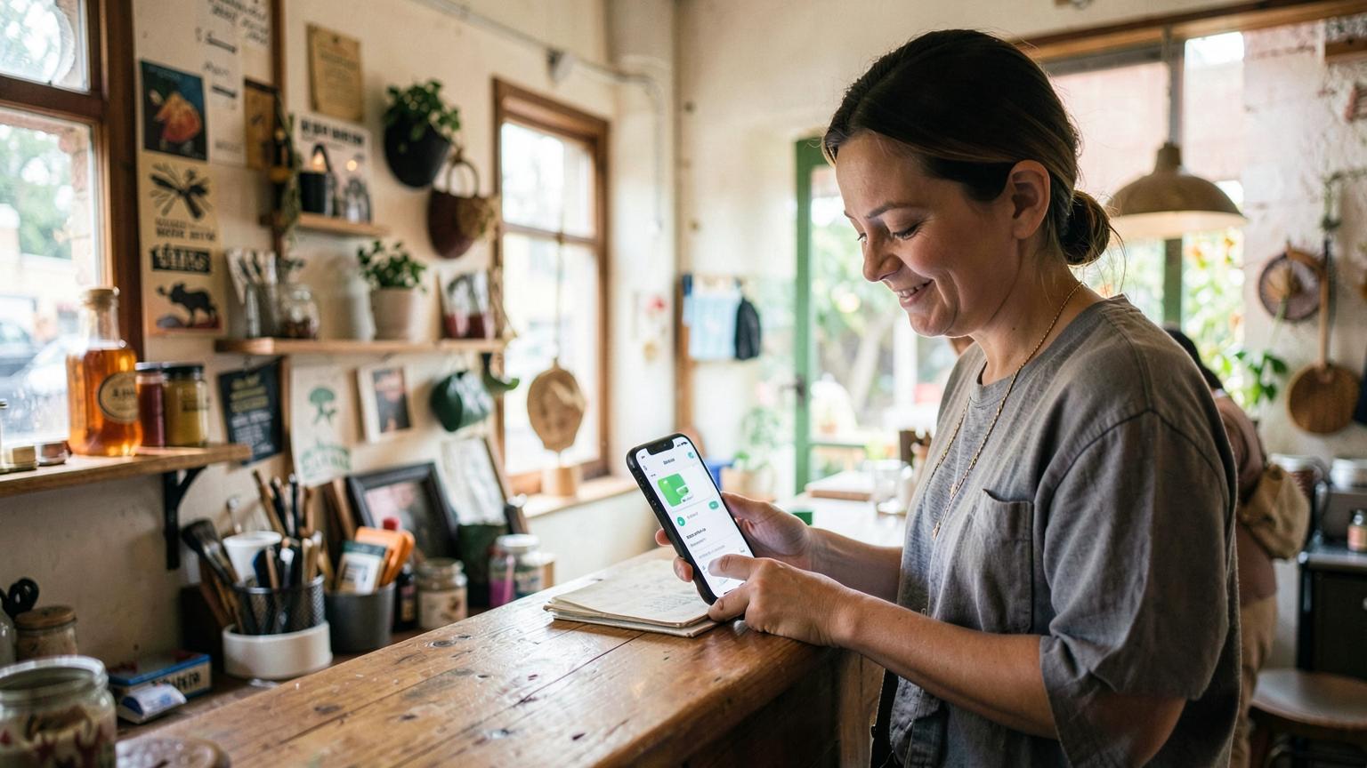 Independent shop owner at her counter checking search results on a phone