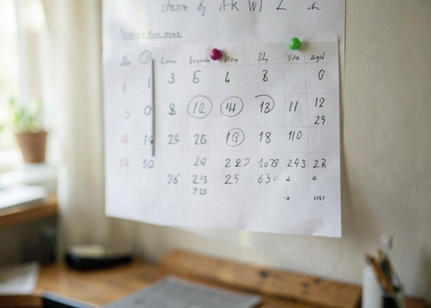 Paper wall calendar above a small business desk with several review dates circled in pencil
