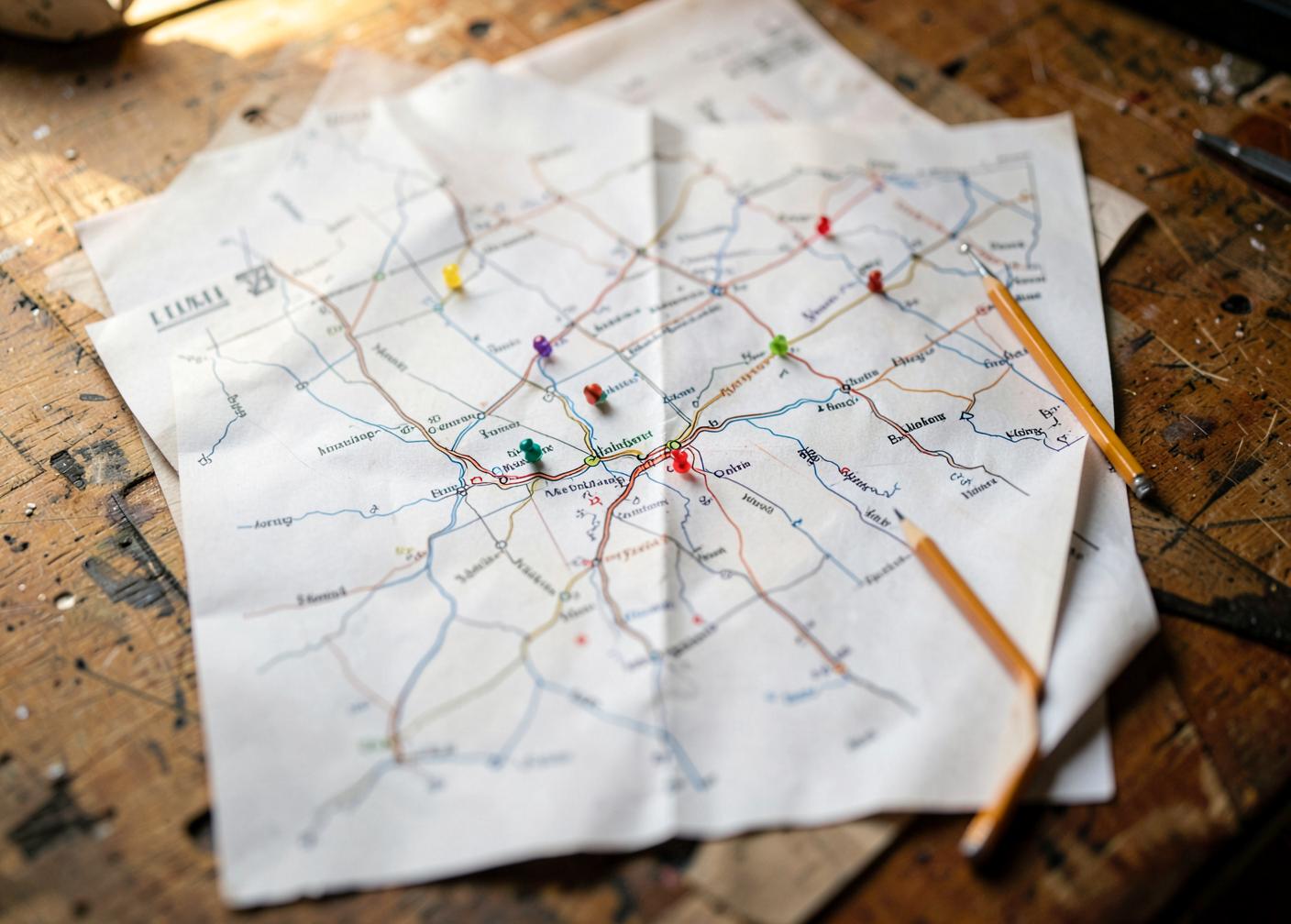 Folded paper road map on a workbench with coloured push pins marking nearby towns